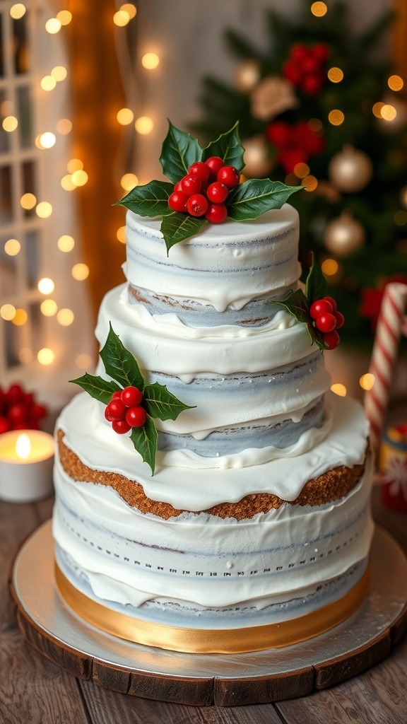 Three-tier Christmas cake decorated with royal icing, holly, and berries on a festive table.